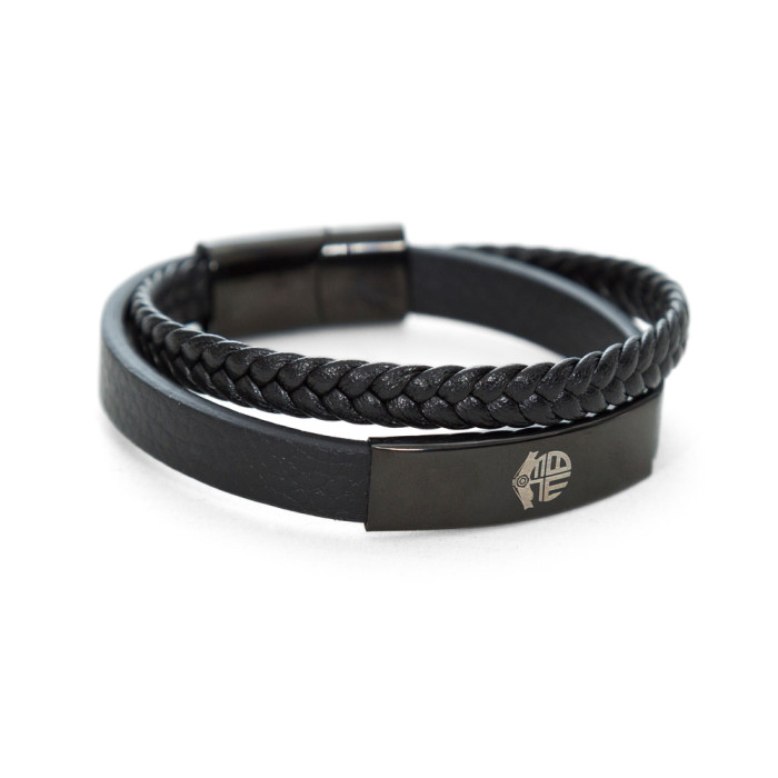 Black Leather Crest Wrap Bracelet